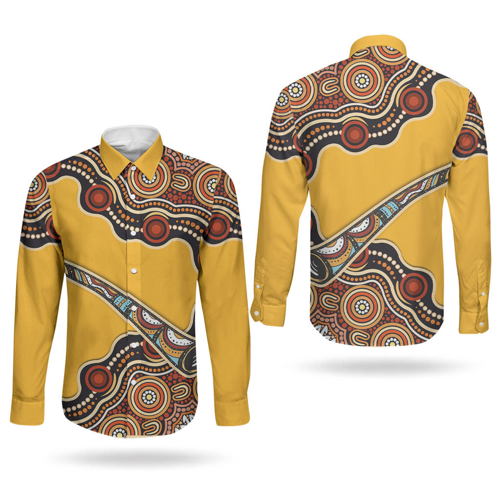 Didgeridoo Couples Matching Off Shoulder Maxi Dress and Long Sleeve Button Shirt Aboriginal Dot Painting Indigenous Traditional Instrument
