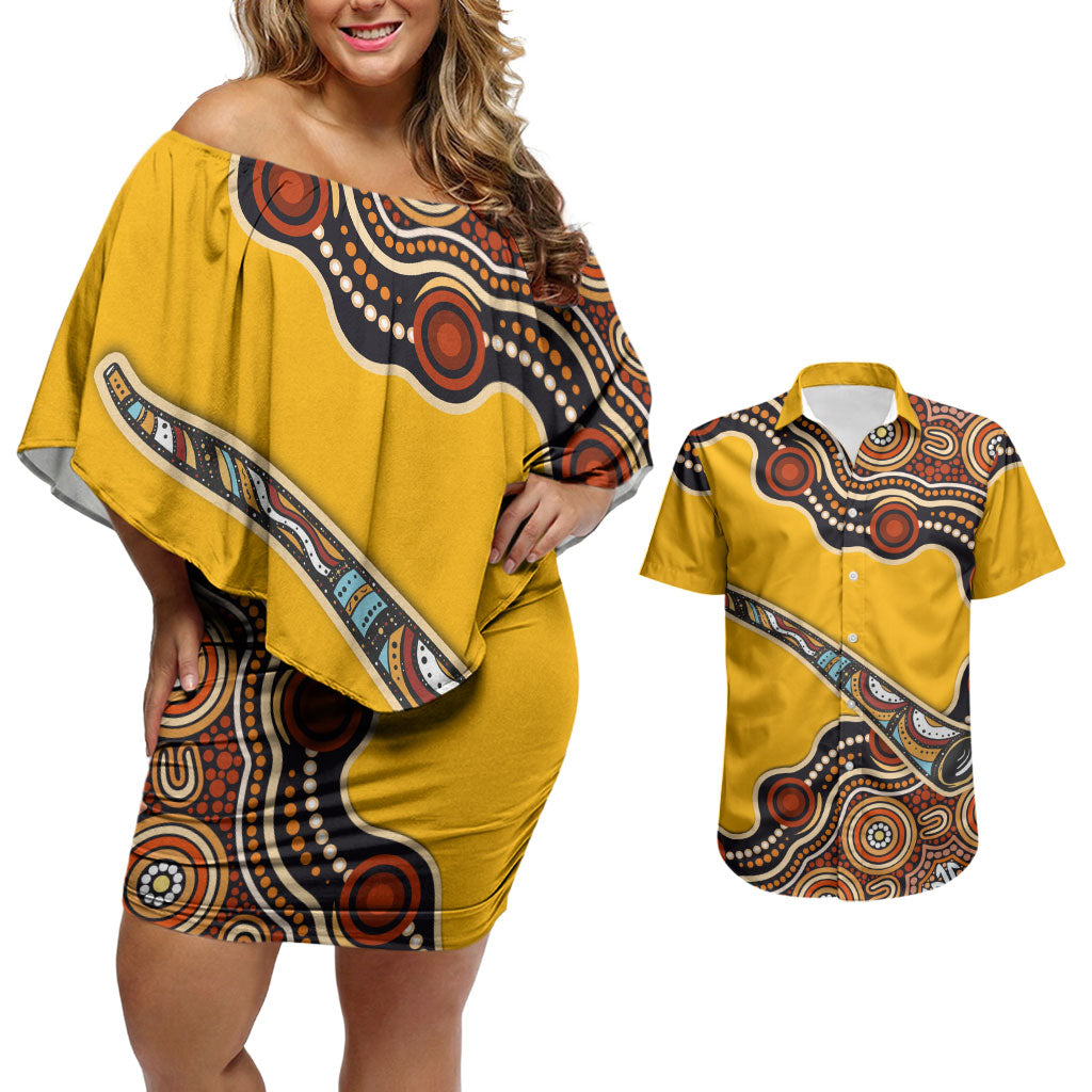 Didgeridoo Couples Matching Off Shoulder Short Dress and Hawaiian Shirt Aboriginal Dot Painting Indigenous Traditional Instrument