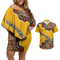 Didgeridoo Couples Matching Off Shoulder Short Dress and Hawaiian Shirt Aboriginal Dot Painting Indigenous Traditional Instrument