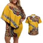 Didgeridoo Couples Matching Off Shoulder Short Dress and Hawaiian Shirt Aboriginal Dot Painting Indigenous Traditional Instrument
