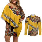 Didgeridoo Couples Matching Off Shoulder Short Dress and Long Sleeve Button Shirt Aboriginal Dot Painting Indigenous Traditional Instrument