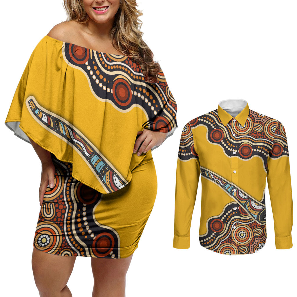 Didgeridoo Couples Matching Off Shoulder Short Dress and Long Sleeve Button Shirt Aboriginal Dot Painting Indigenous Traditional Instrument