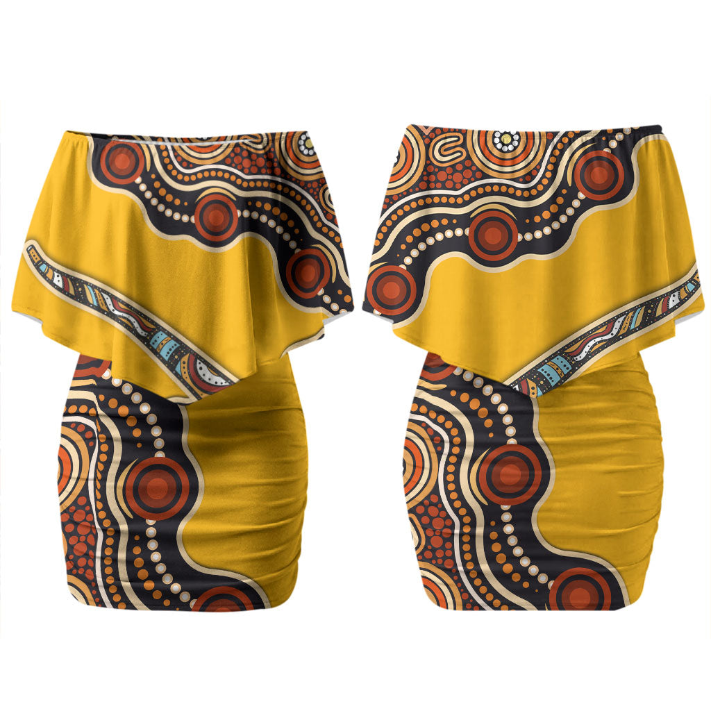 Didgeridoo Couples Matching Off Shoulder Short Dress and Long Sleeve Button Shirt Aboriginal Dot Painting Indigenous Traditional Instrument