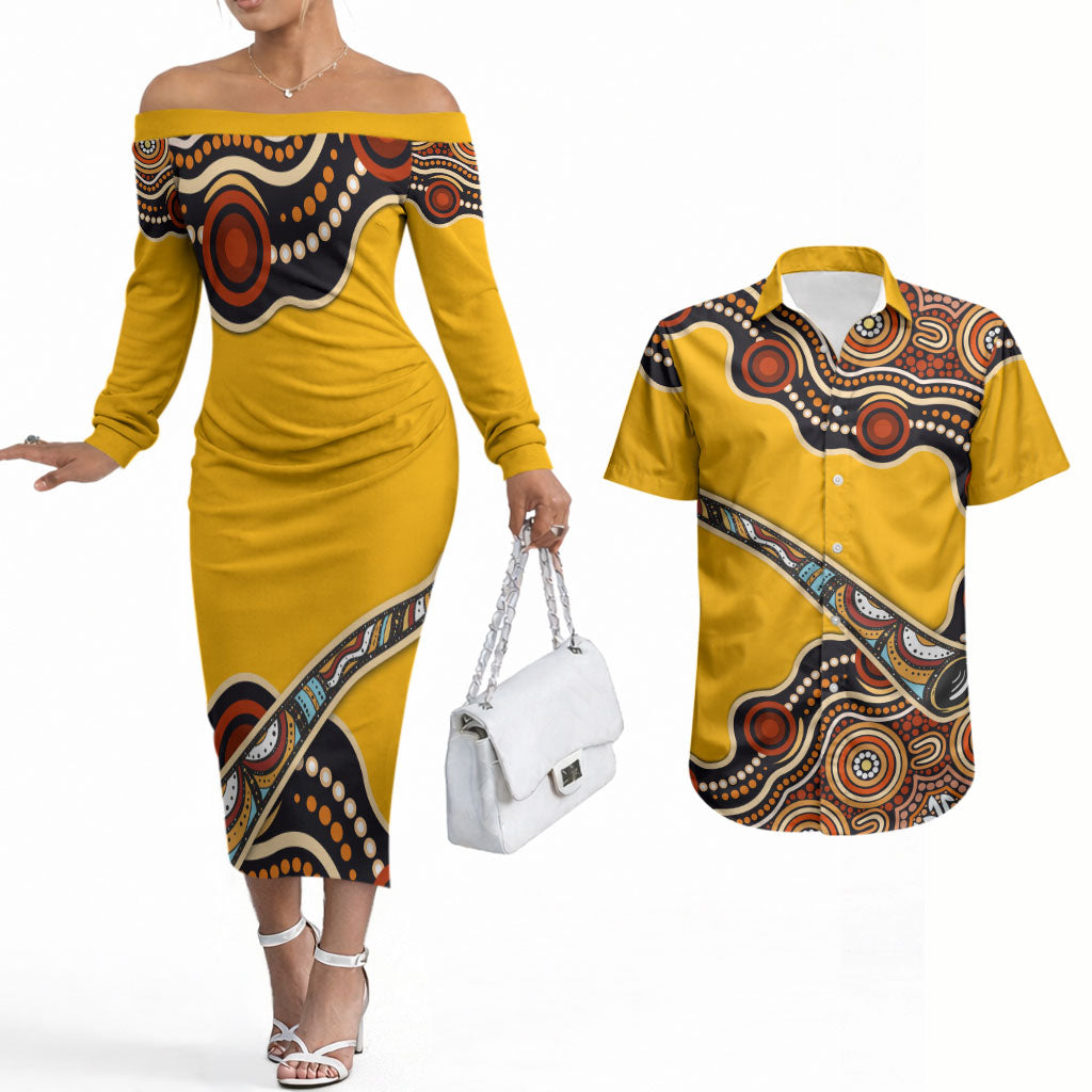 Didgeridoo Couples Matching Off The Shoulder Long Sleeve Dress and Hawaiian Shirt Aboriginal Dot Painting Indigenous Traditional Instrument