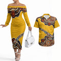 Didgeridoo Couples Matching Off The Shoulder Long Sleeve Dress and Hawaiian Shirt Aboriginal Dot Painting Indigenous Traditional Instrument