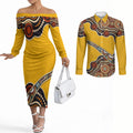 Didgeridoo Couples Matching Off The Shoulder Long Sleeve Dress and Long Sleeve Button Shirt Aboriginal Dot Painting Indigenous Traditional Instrument