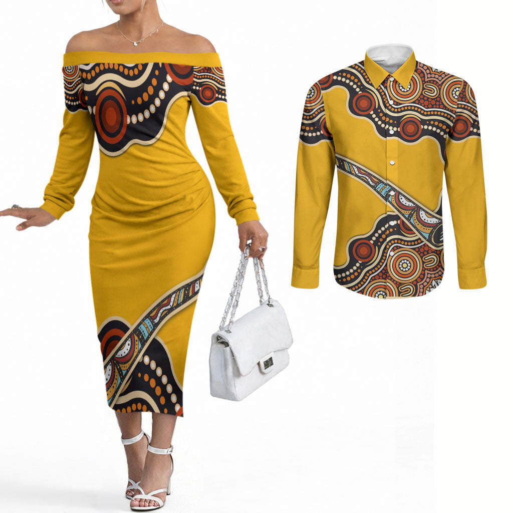 Didgeridoo Couples Matching Off The Shoulder Long Sleeve Dress and Long Sleeve Button Shirt Aboriginal Dot Painting Indigenous Traditional Instrument