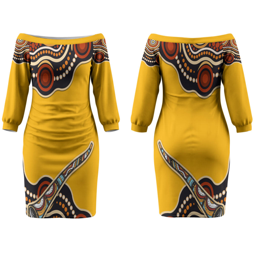 Didgeridoo Couples Matching Off The Shoulder Long Sleeve Dress and Long Sleeve Button Shirt Aboriginal Dot Painting Indigenous Traditional Instrument