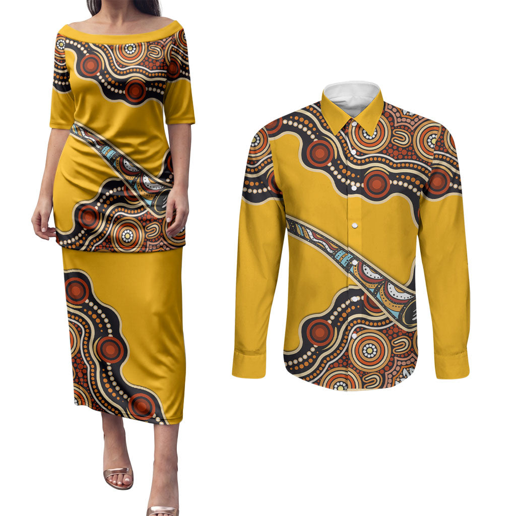 Didgeridoo Couples Matching Puletasi and Long Sleeve Button Shirt Aboriginal Dot Painting Indigenous Traditional Instrument
