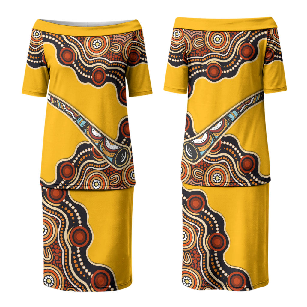 Didgeridoo Couples Matching Puletasi and Long Sleeve Button Shirt Aboriginal Dot Painting Indigenous Traditional Instrument
