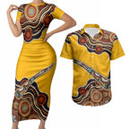 Didgeridoo Couples Matching Short Sleeve Bodycon Dress and Hawaiian Shirt Aboriginal Dot Painting Indigenous Traditional Instrument