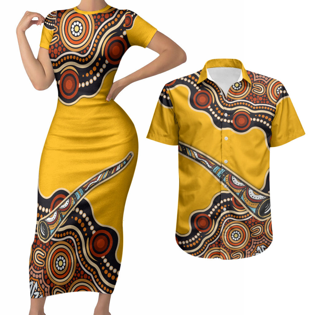 Didgeridoo Couples Matching Short Sleeve Bodycon Dress and Hawaiian Shirt Aboriginal Dot Painting Indigenous Traditional Instrument