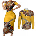 Didgeridoo Couples Matching Short Sleeve Bodycon Dress and Long Sleeve Button Shirt Aboriginal Dot Painting Indigenous Traditional Instrument