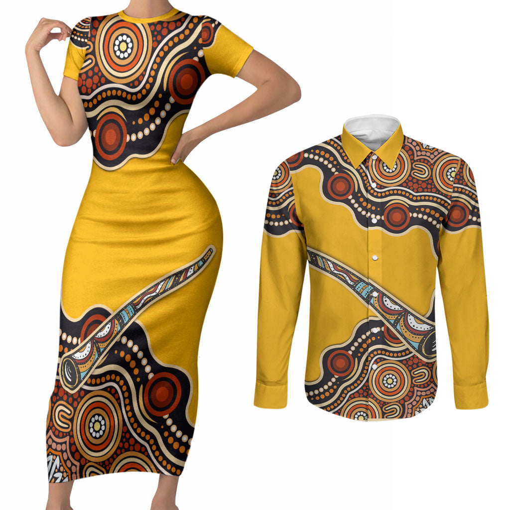 Didgeridoo Couples Matching Short Sleeve Bodycon Dress and Long Sleeve Button Shirt Aboriginal Dot Painting Indigenous Traditional Instrument