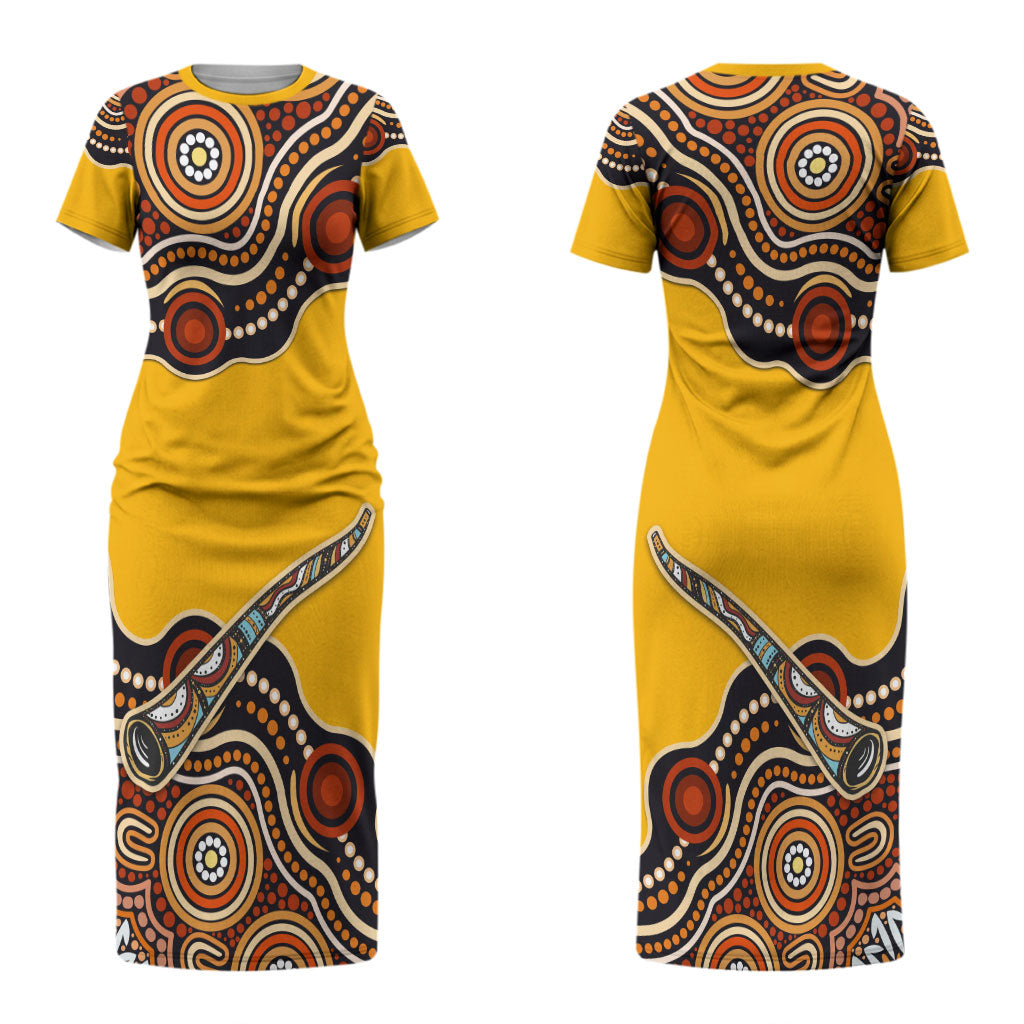 Didgeridoo Couples Matching Short Sleeve Bodycon Dress and Long Sleeve Button Shirt Aboriginal Dot Painting Indigenous Traditional Instrument