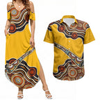 Didgeridoo Couples Matching Summer Maxi Dress and Hawaiian Shirt Aboriginal Dot Painting Indigenous Traditional Instrument