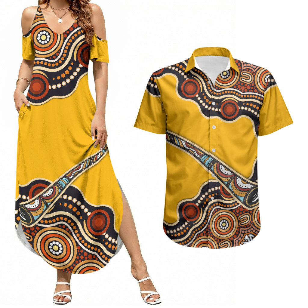 Didgeridoo Couples Matching Summer Maxi Dress and Hawaiian Shirt Aboriginal Dot Painting Indigenous Traditional Instrument