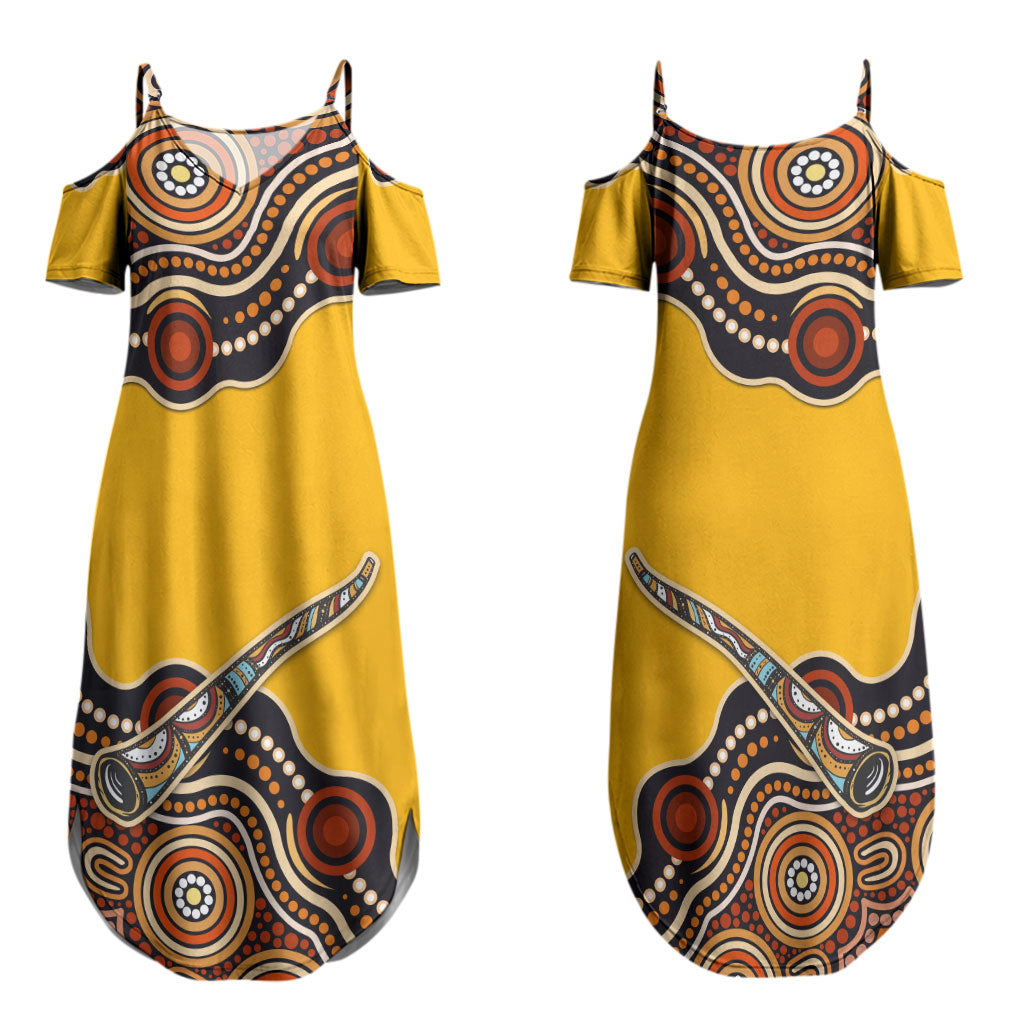 Didgeridoo Couples Matching Summer Maxi Dress and Hawaiian Shirt Aboriginal Dot Painting Indigenous Traditional Instrument