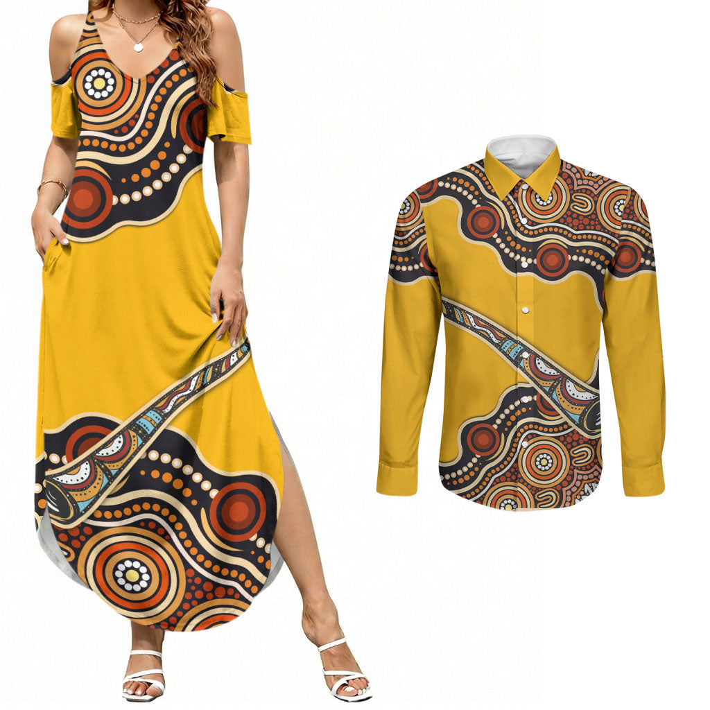 Didgeridoo Couples Matching Summer Maxi Dress and Long Sleeve Button Shirt Aboriginal Dot Painting Indigenous Traditional Instrument