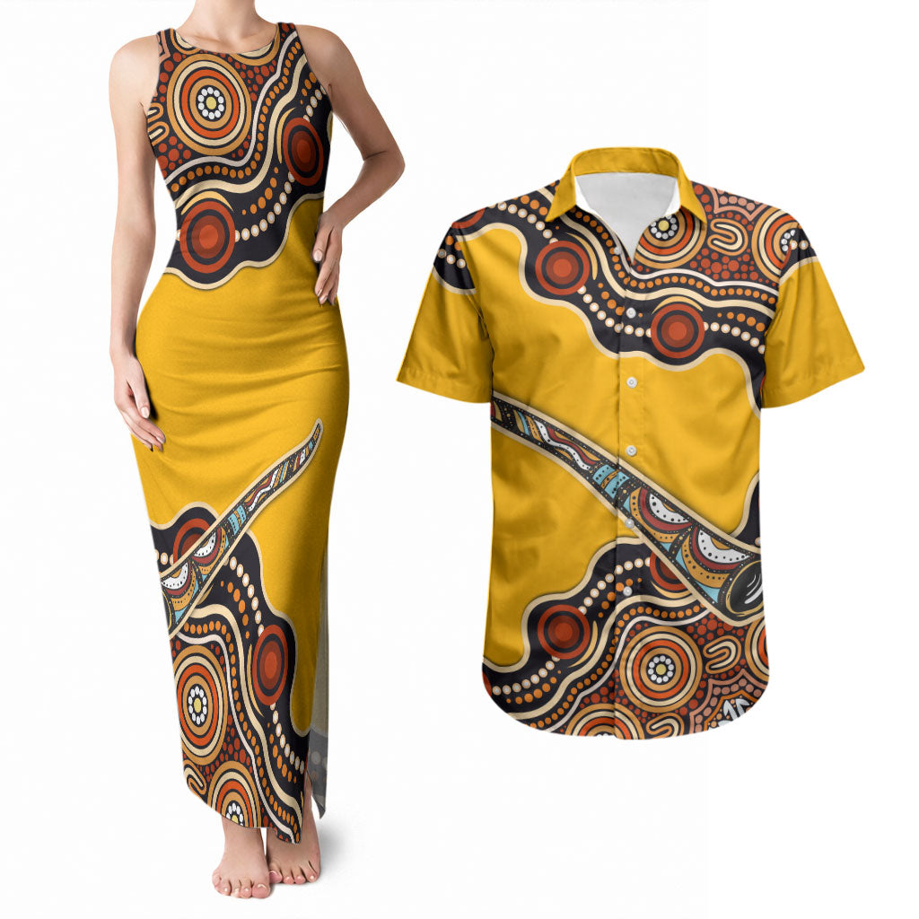 Didgeridoo Couples Matching Tank Maxi Dress and Hawaiian Shirt Aboriginal Dot Painting Indigenous Traditional Instrument