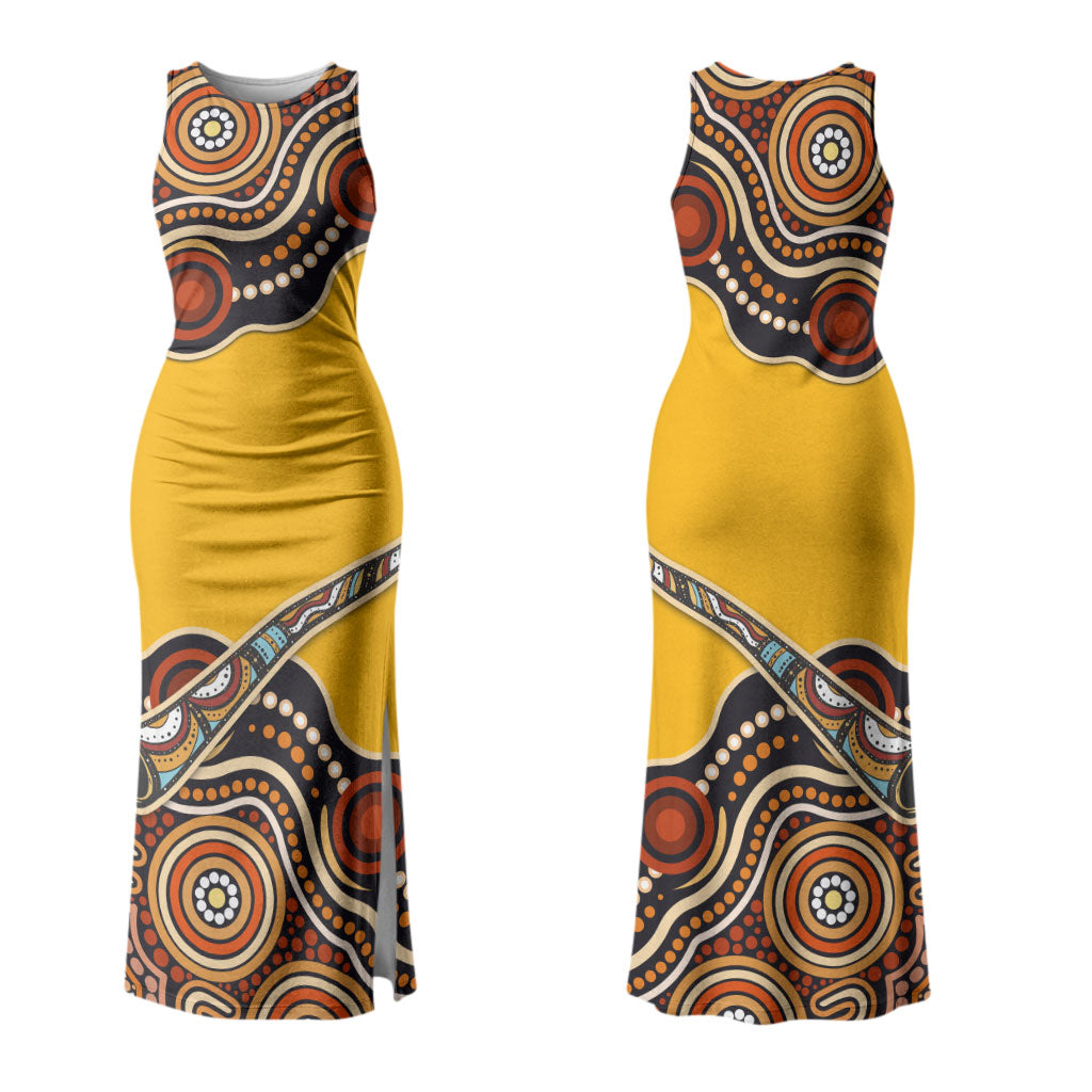 Didgeridoo Couples Matching Tank Maxi Dress and Long Sleeve Button Shirt Aboriginal Dot Painting Indigenous Traditional Instrument