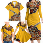 Didgeridoo Family Matching Long Sleeve Bodycon Dress and Hawaiian Shirt Aboriginal Dot Painting Indigenous Traditional Instrument