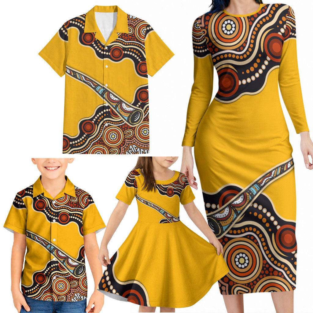 Didgeridoo Family Matching Long Sleeve Bodycon Dress and Hawaiian Shirt Aboriginal Dot Painting Indigenous Traditional Instrument