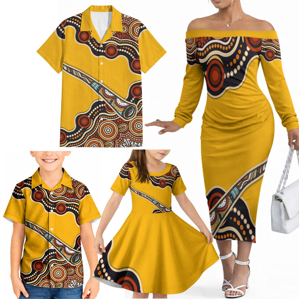 Didgeridoo Family Matching Off The Shoulder Long Sleeve Dress and Hawaiian Shirt Aboriginal Dot Painting Indigenous Traditional Instrument