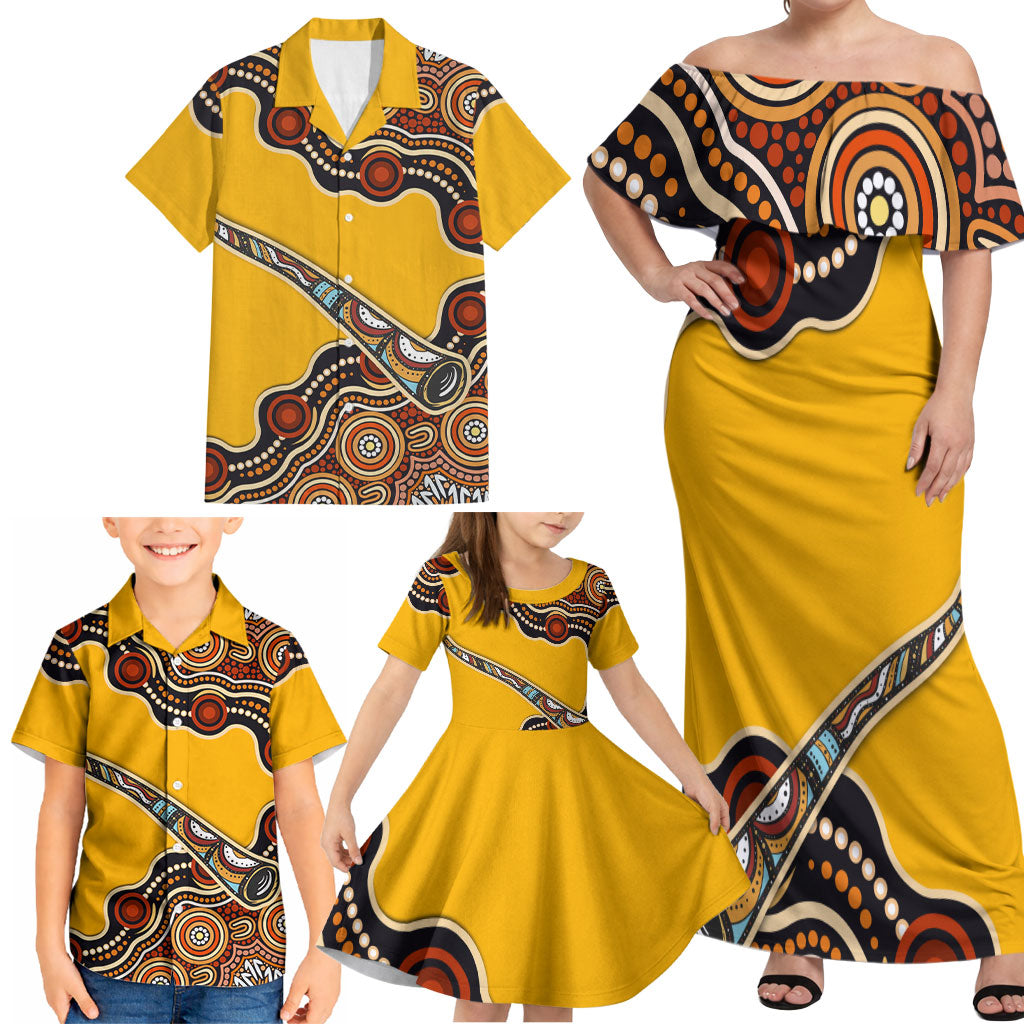 Didgeridoo Family Matching Off Shoulder Maxi Dress and Hawaiian Shirt Aboriginal Dot Painting Indigenous Traditional Instrument