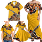 Didgeridoo Family Matching Off Shoulder Maxi Dress and Hawaiian Shirt Aboriginal Dot Painting Indigenous Traditional Instrument