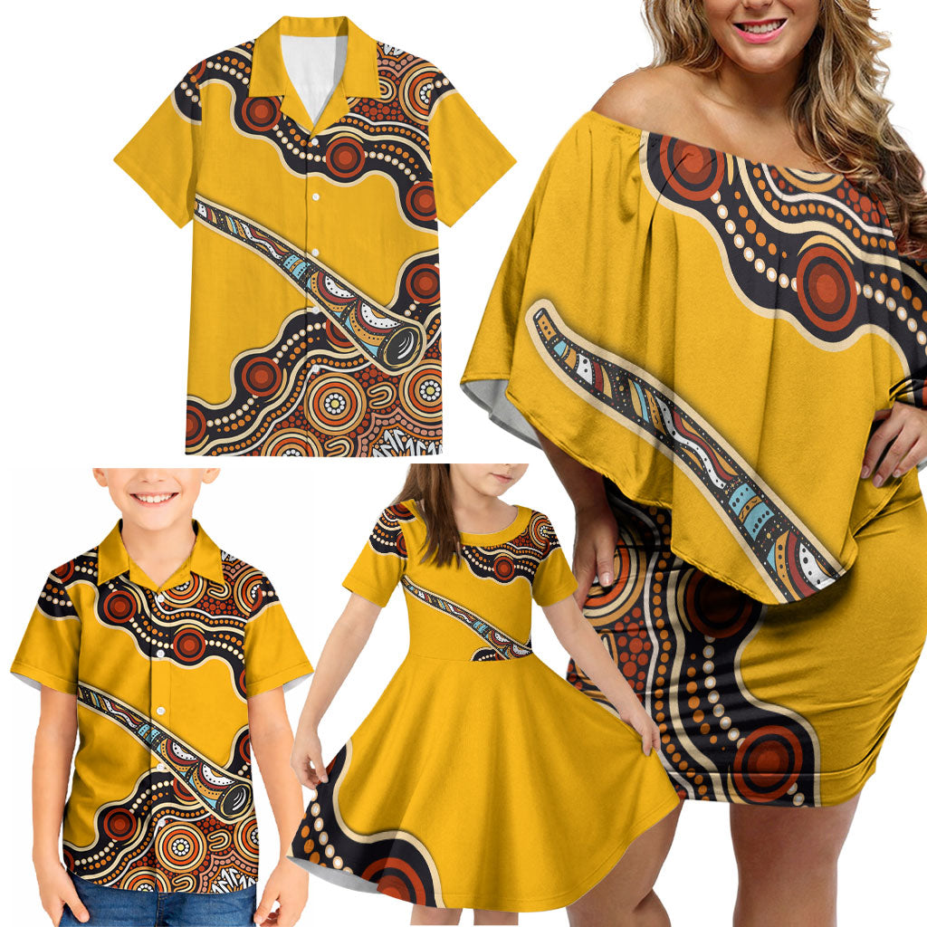 Didgeridoo Family Matching Off Shoulder Short Dress and Hawaiian Shirt Aboriginal Dot Painting Indigenous Traditional Instrument