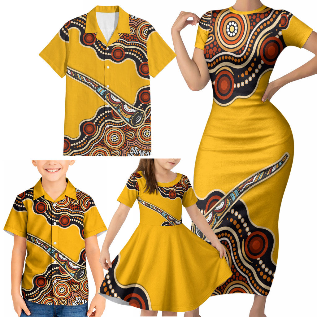Didgeridoo Family Matching Short Sleeve Bodycon Dress and Hawaiian Shirt Aboriginal Dot Painting Indigenous Traditional Instrument
