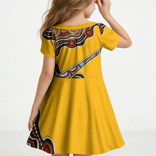 Didgeridoo Kid Short Sleeve Dress Aboriginal Dot Painting Indigenous Traditional Instrument