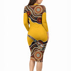 Didgeridoo Long Sleeve Bodycon Dress Aboriginal Dot Painting Indigenous Traditional Instrument