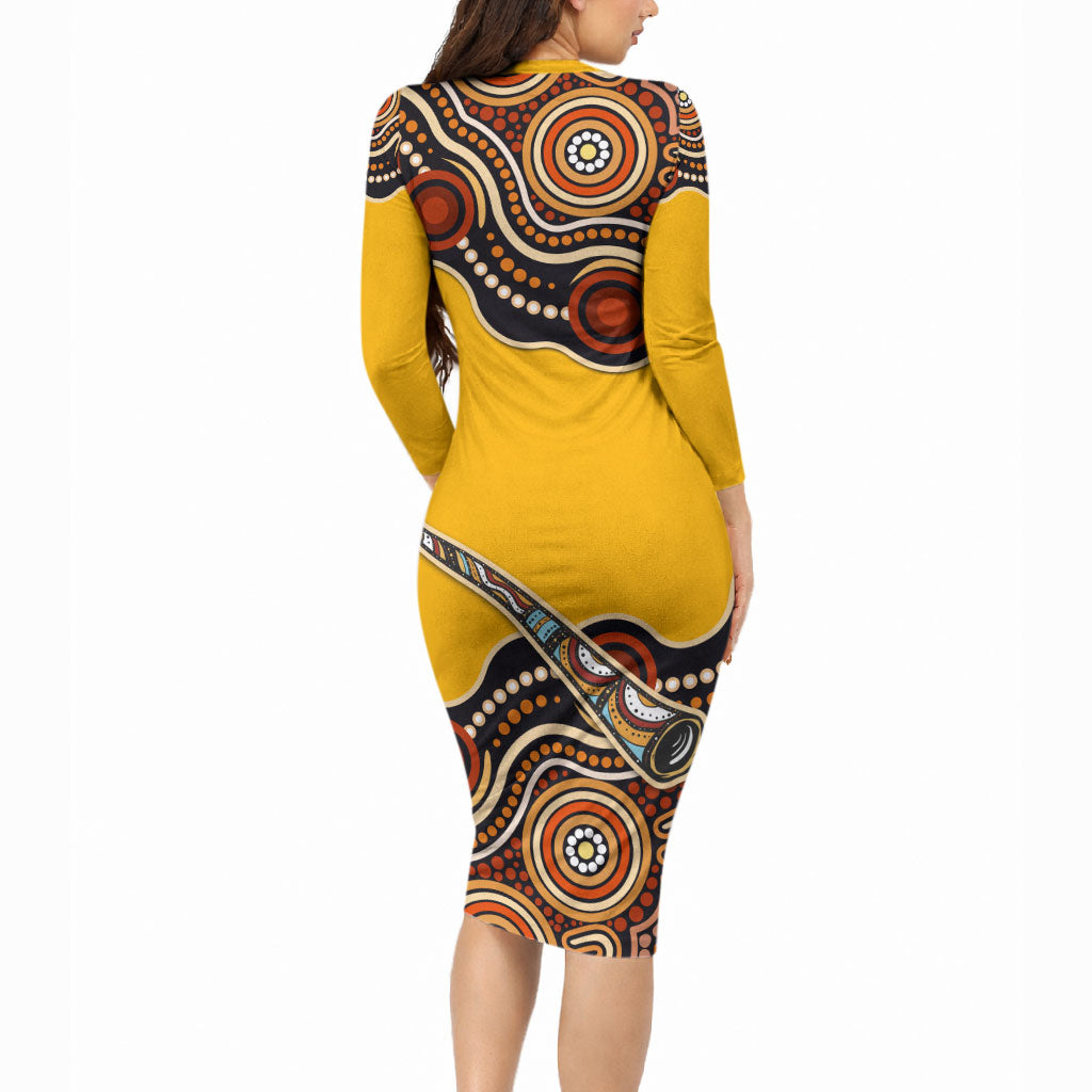 Didgeridoo Long Sleeve Bodycon Dress Aboriginal Dot Painting Indigenous Traditional Instrument