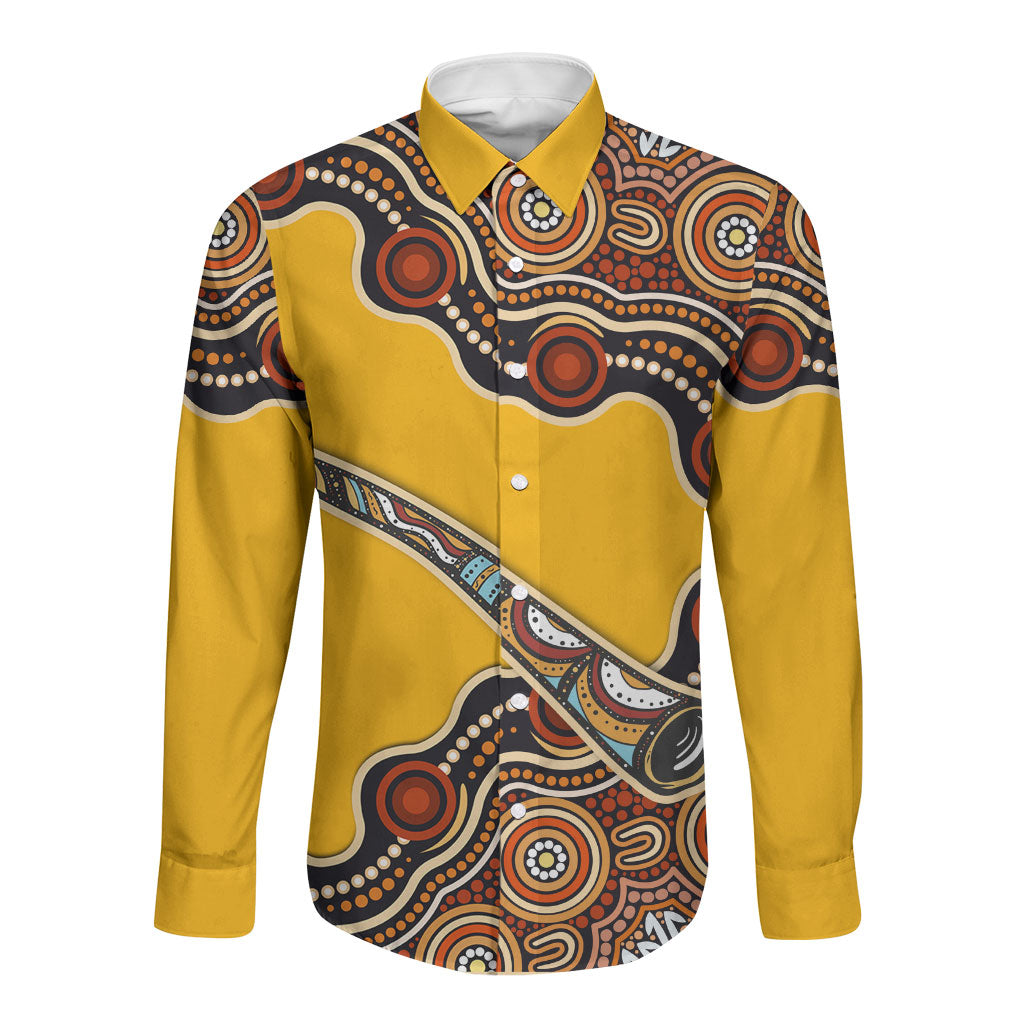 Didgeridoo Long Sleeve Button Shirt Aboriginal Dot Painting Indigenous Traditional Instrument
