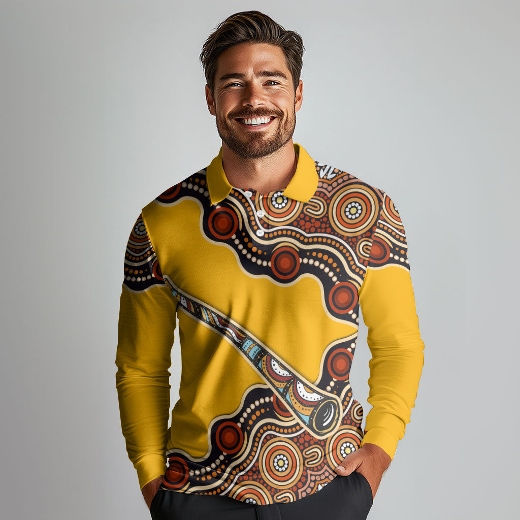 Didgeridoo Long Sleeve Polo Shirt Aboriginal Dot Painting Indigenous Traditional Instrument