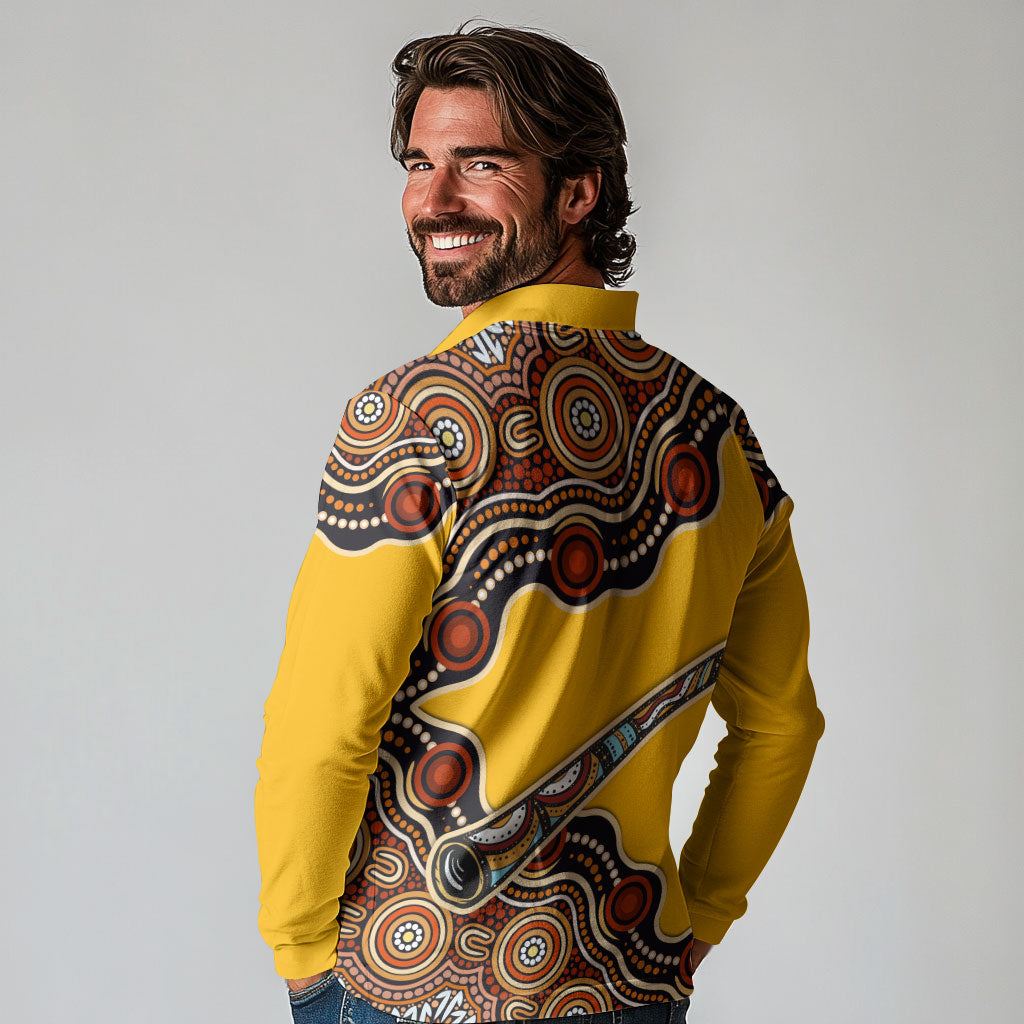 Didgeridoo Long Sleeve Polo Shirt Aboriginal Dot Painting Indigenous Traditional Instrument