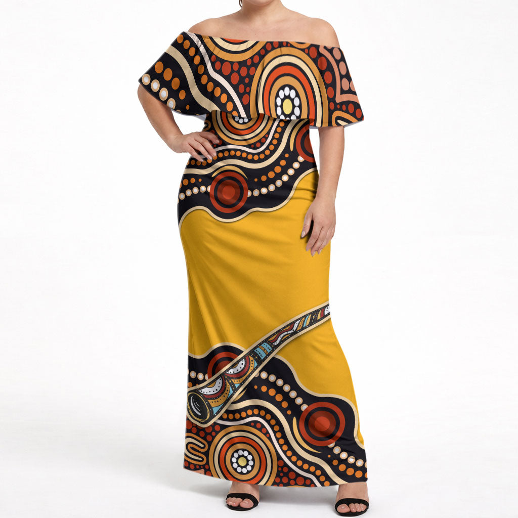 Didgeridoo Off Shoulder Maxi Dress Aboriginal Dot Painting Indigenous Traditional Instrument
