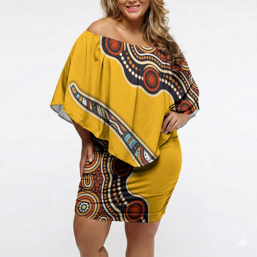 Didgeridoo Off Shoulder Short Dress Aboriginal Dot Painting Indigenous Traditional Instrument