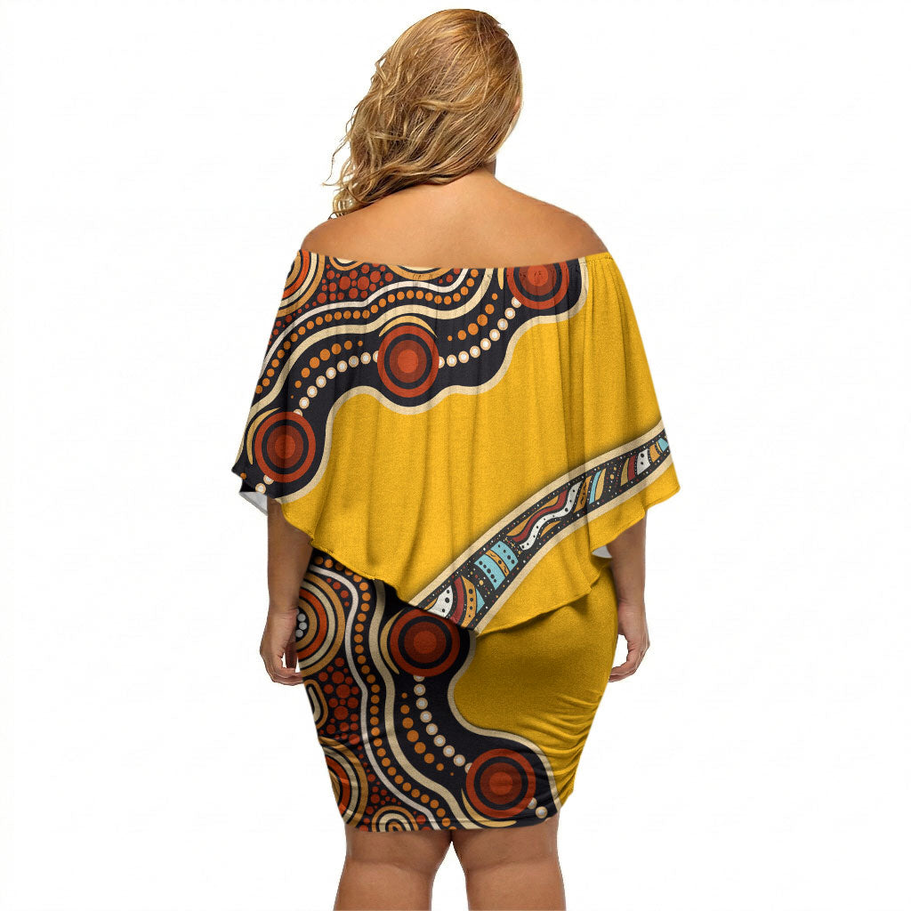 Didgeridoo Off Shoulder Short Dress Aboriginal Dot Painting Indigenous Traditional Instrument