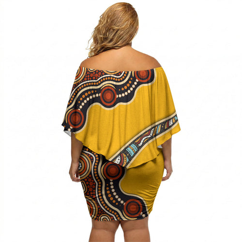 Didgeridoo Off Shoulder Short Dress Aboriginal Dot Painting Indigenous Traditional Instrument