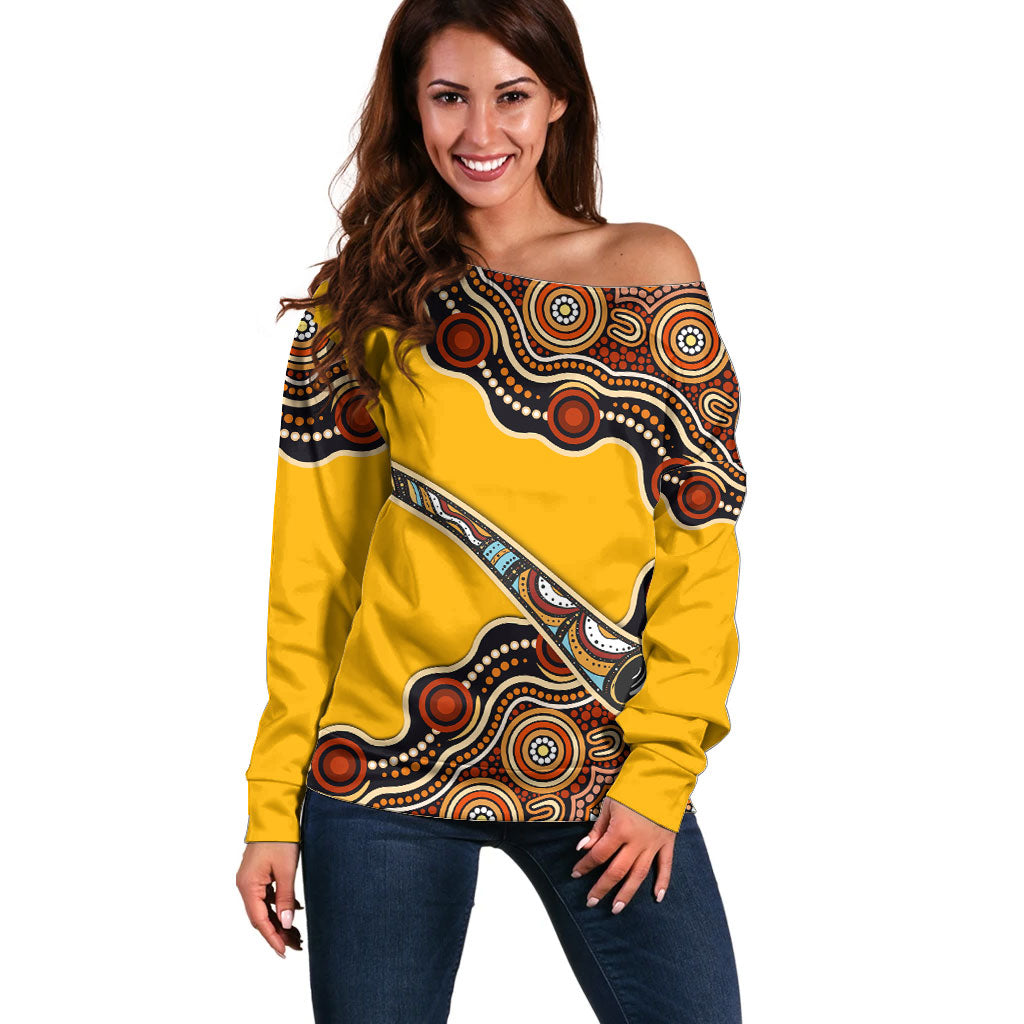 Didgeridoo Off Shoulder Sweater Aboriginal Dot Painting Indigenous Traditional Instrument