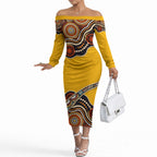 Didgeridoo Off The Shoulder Long Sleeve Dress Aboriginal Dot Painting Indigenous Traditional Instrument