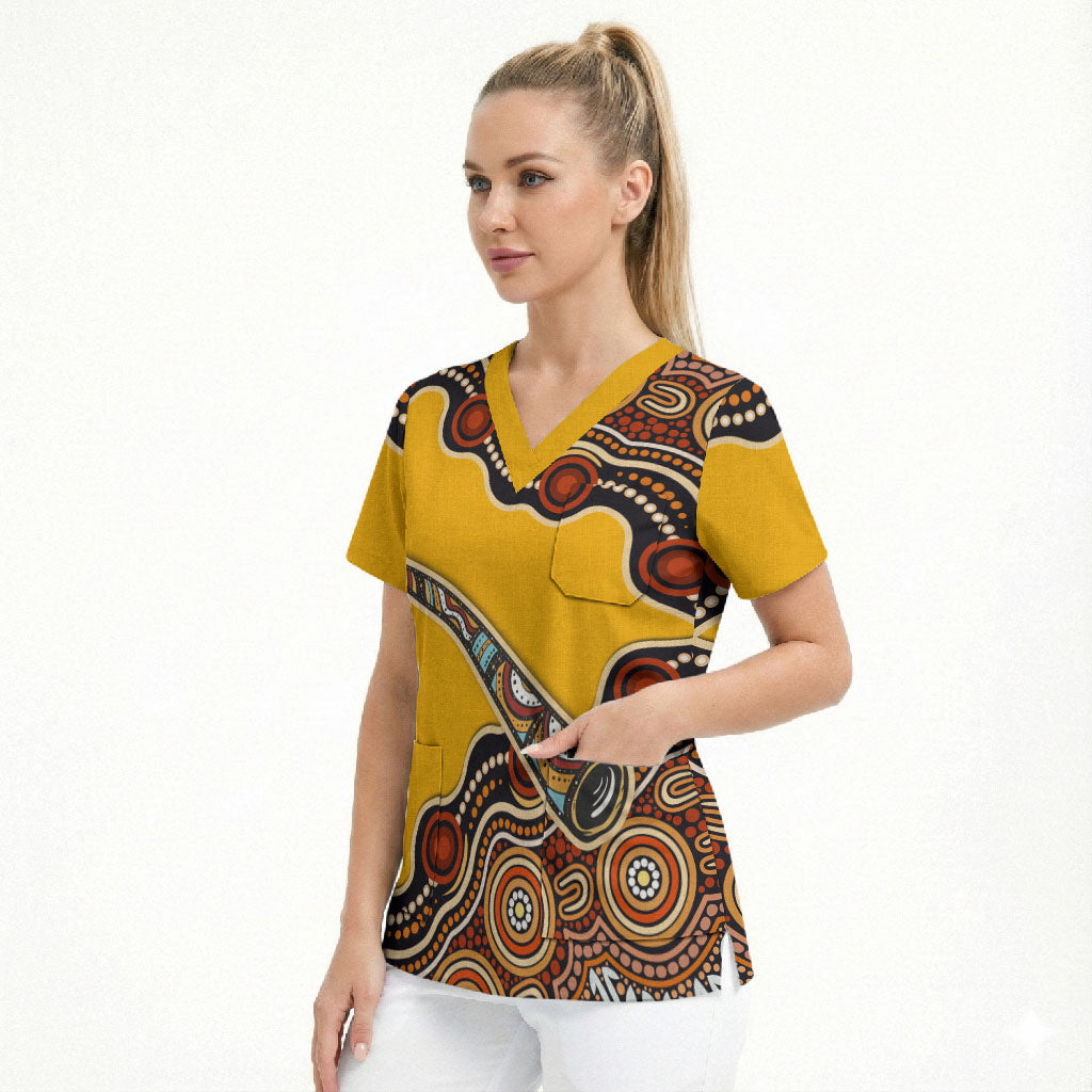 Didgeridoo Scrub Top Aboriginal Dot Painting Indigenous Traditional Instrument