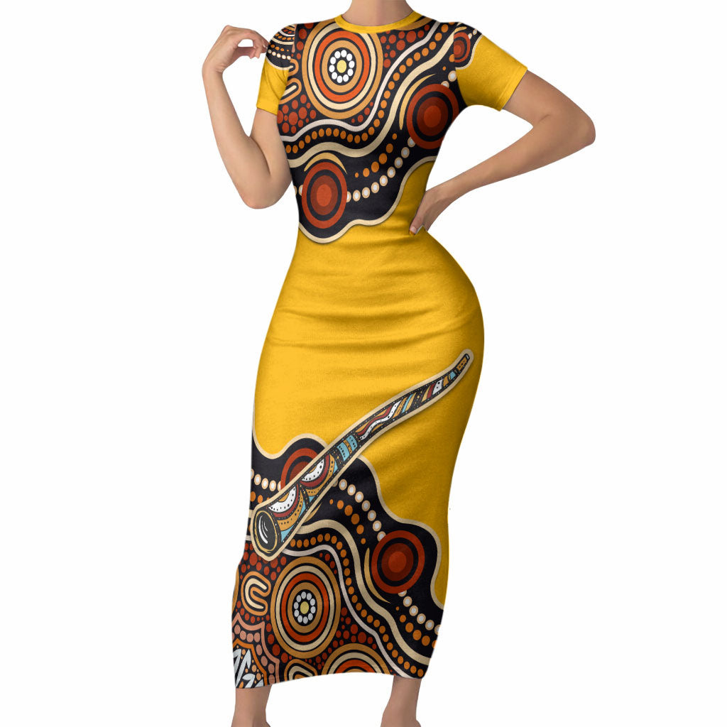 Didgeridoo Short Sleeve Bodycon Dress Aboriginal Dot Painting Indigenous Traditional Instrument