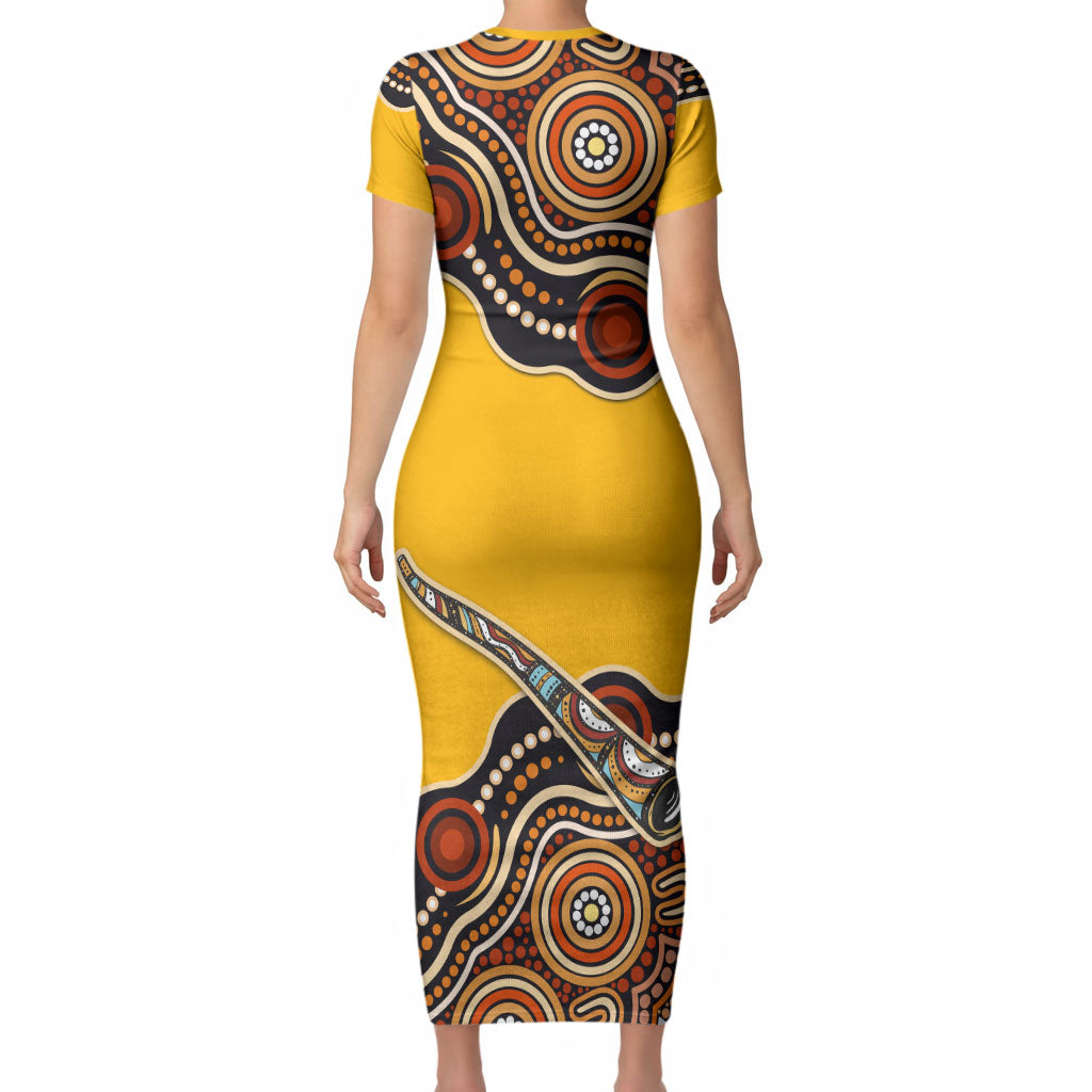 Didgeridoo Short Sleeve Bodycon Dress Aboriginal Dot Painting Indigenous Traditional Instrument