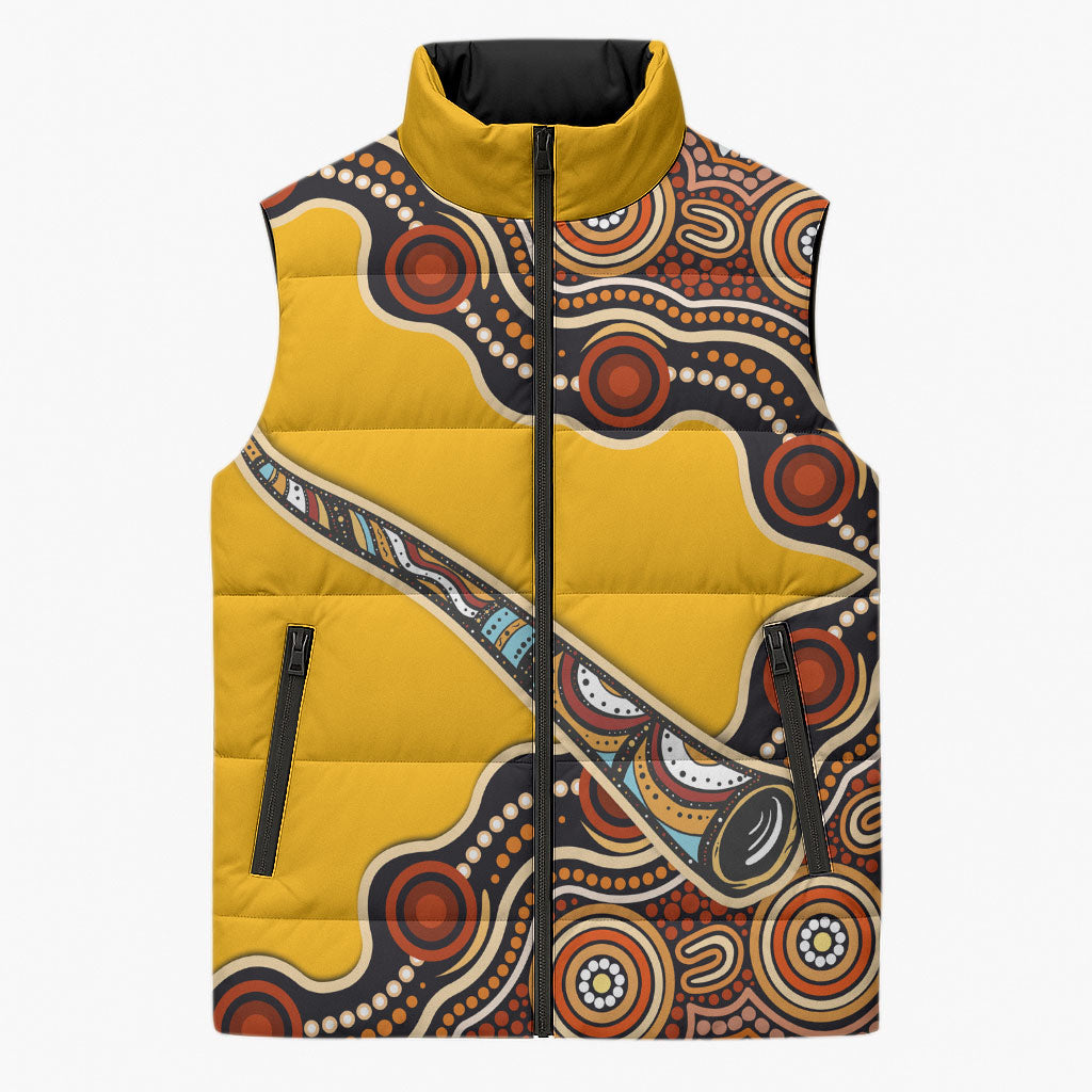 Didgeridoo Sleeveless Puffer Jacket Aboriginal Dot Painting Indigenous Traditional Instrument