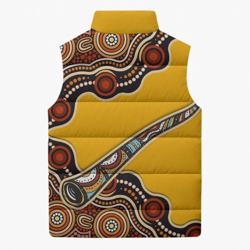 Didgeridoo Sleeveless Puffer Jacket Aboriginal Dot Painting Indigenous Traditional Instrument
