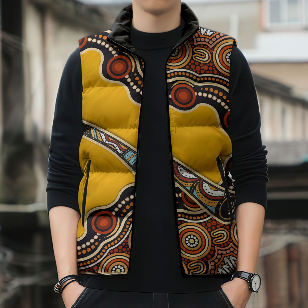 Didgeridoo Sleeveless Puffer Jacket Aboriginal Dot Painting Indigenous Traditional Instrument